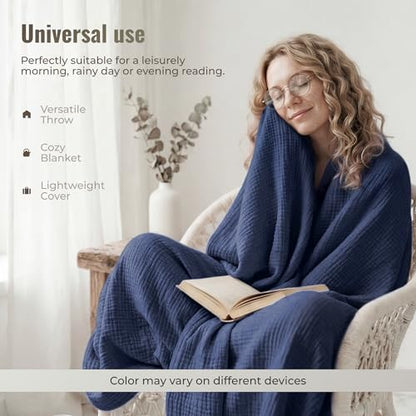 4-Layer Muslin Cotton King Bed Blanket (108 x 90 inches) – Ultra Soft, Breathable & Lightweight All-Season Gauze Blanket, Cozy Comfort, Machine Washable – Navy - color: Navy, size: King (108 x 90 inches)