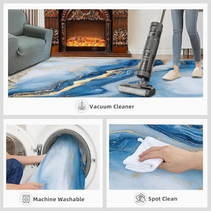 Light Luxury Marble Rug - 4x5 Rug, Blue Rugs for Living Room Bedroom, Fluid White Gold Washable Rugs, Non Slip Classroom Carpet, Soft & Low-Pile - color: Pattern#061, size: 4' x 5' (Rectangular)