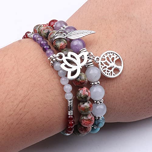 Tree of Life Yoga Healing Stone Bracelets,Multilayer Lotus Chakra Stone Reiki Bracelet Sets,Anxiety Crystal Natural Stone,for Women Stress Relief - style: chakra+natural Epidote
