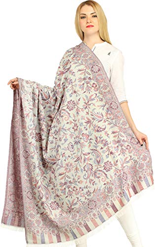 Exotic India Women Reversible Jamawar Wool Shawl with Woven Flowers | Ethnic Beautiful Floral Weave Stole, Dupatta - color: Moonbeam