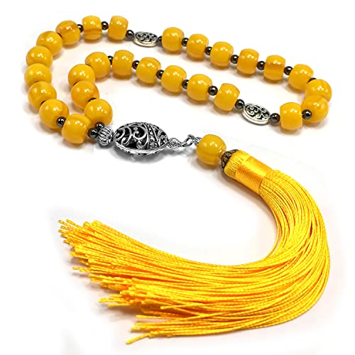 Mala Prayer Beads - Mala Necklace - Tibetan Mala Prayer Beads Meditation Beads Yoga Necklace - color: (POCKET MALA)-Yellow Resin Cylinder -13X9 mm- 27 Beads