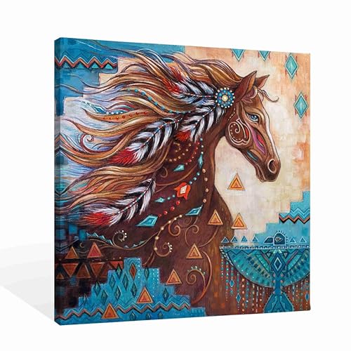 SiuSue Boho Western Dreamy Horse Southwestern Aztec Native American Tribal Canvas Wall Art Poster Prints Artwork Pictures Framed for Country Home Bedroom Living Room, 12x12 Inch - color: Horse-3
