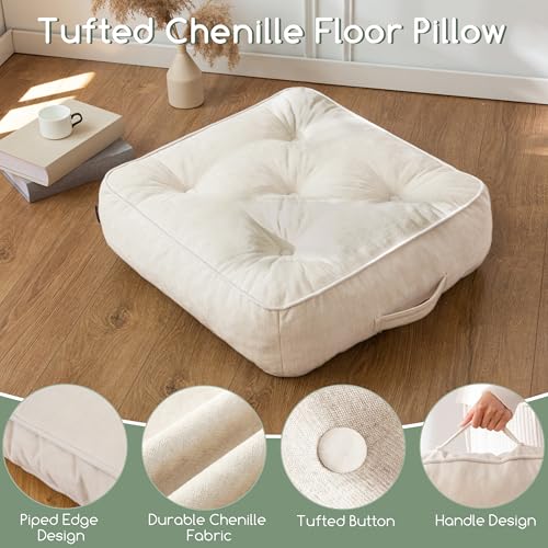 HIGOGOGO 6" Extra Thick Floor Pillow Cushion for Adults, Meditation Cushion Pillow with Handle, Lustrous Chenille Tufted, Square Floor Sitting for Tatami Living Room or Yoga, 22x22 Inch, Beige