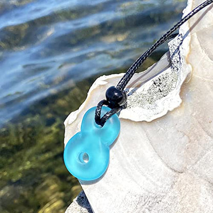 Infinity Necklace - Sea Glass Jewelry - Positive Vibes Collection - Cute Meditation Crystals - Spiritual Gifts for Yoga Lovers - High Vibration Tibetan Symbols - Cool and Trendy Good Luck Amulets - color: Aqua Blue Sea Glass Necklace