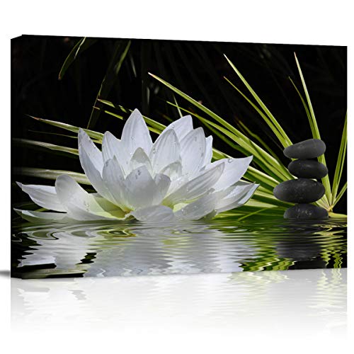 Canvas Wall Art - White Lotus and Black Zen Stones Picture - Modern Wall Decor Gallery Canvas Wraps Giclee Print Stretched and Framed Ready to Hang - 24" x 36" - color: Artwork-04, size: 36"L x 24"W