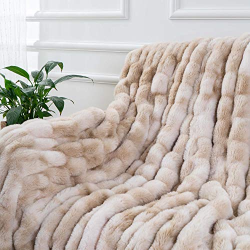 BATTILO HOME Ruched Luxury Faux Fur Throw Blanket Beige Tie-dye Rabbit Fur Blanket for Couch, Living Room, Fuzzy, Soft, Plush, Cozy, Elegant with Reversible Mink Blanket Beige, 60"x80" - color: Beige, size: 60"x80"
