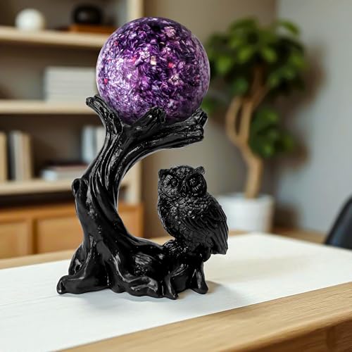 Owl Sphere Holder Crystal Stand Ball Resin Display – 4.92''x4.06'' Natural Quartz Wood Base Figurine, Stable Desktop Decoration for Bedroom, Office, Living Room, Study – Crystal Ball Decor Gift
