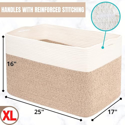 MINTWOOD Design 112L Extra Large Blanket Basket Holder Living Room, 25"x17"x16" Rectangle Rope Woven Storage Basket with Handles for Laundry, Pool Towels, Shoes, Dog Toy Organizer Bin Box, Light Brown - color: Light Brown