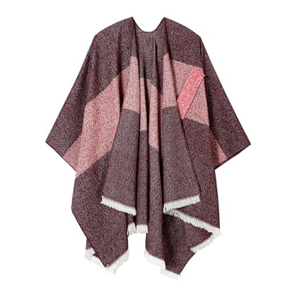 Women Shawl Wrap Poncho Cape Cardigan Open Front Coat Warm Scarf for Spring Fall Winter Cold Weather Days - color: Dark Red
