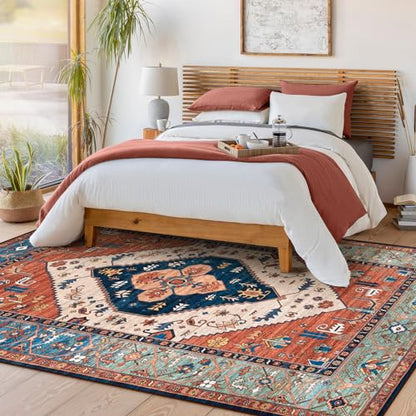 Lahome 8 x 10 Area Rugs for Living Room Boho Washable Non-Slip Backing Large Rug Ultra-Thin Stain Resistant Dining Room Rugs for Under Table, Oriental Print Rugs for Bedroom Adelyn (Rust, 8'x10')