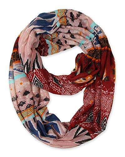 corciova Black Soft Girl Women Infinity Wrap Scarf Stretchy Jersey Knit Sleep Head Circle Scarf Continuous Loop Light Weight - color: Pattern Burgundy and Misty Rose Geometry