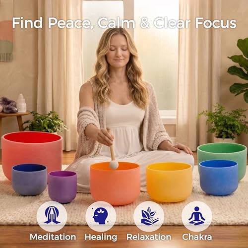 432HZ 6''-12'' Set of 7 Colored Crystal Singing Bowl Set Crystal Sound Healing Frosted Chakra Quartz bowls with 2 Case Bags and Rubber Mallets