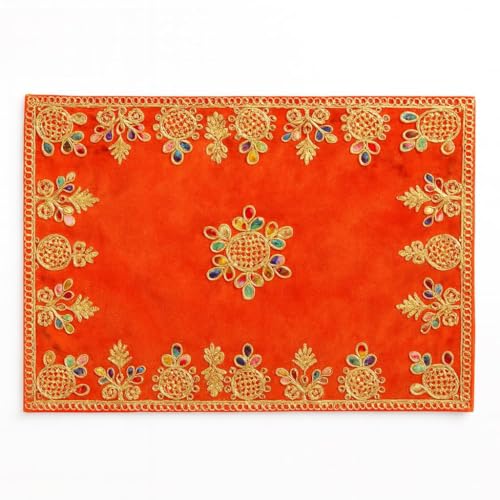 Handcrafted Velvet Puja Chowki Aasan Cloth with Rich Golden Zari Embroidery, Traditional Indian Decorative Pooja Altar Cover for Home Mandir, Temple Décor - 15x9 Inch (Orange) - color: Orange