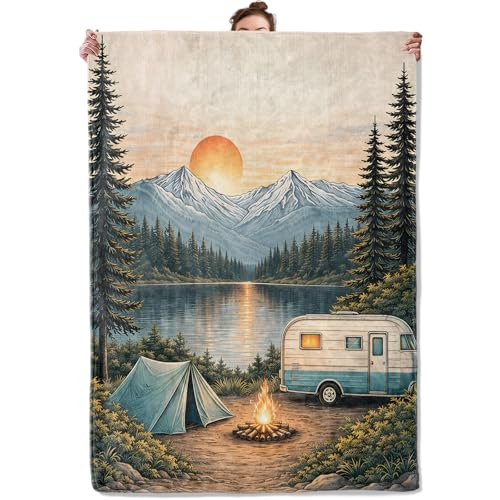 Vintage Mountain Lake Camping Throw Blanket, Rv Trailer Tent and Sunset, Soft Flannel Fleece, 40x50 Inch, Couch Sofa Blankets for Hikers Campers, Cozy Rustic Outdoor Landscape Home Decor Gifts - color: Camping 02, size: 50x40 INCH