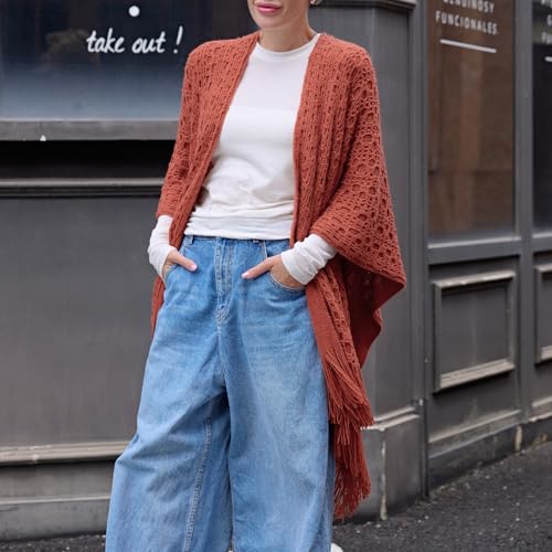 MissShorthair Knit Shawl Wraps for Women Boho Crochet Shawls Cape Open Front Cardigan - color: Rust Red