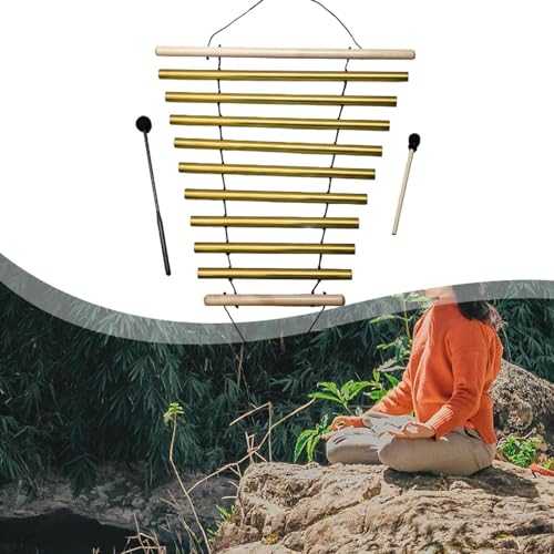 Menolana Wind Chime 9 Note Wood with Nice Tone Meditation Chime Bell Instrument Percussion Single Row Bar Chimes for Classroom Office, gold - color: Gold