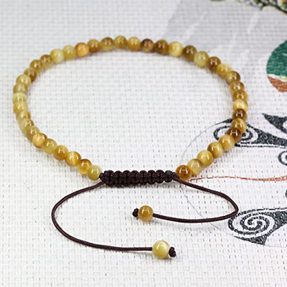 Keleny Natural Gemtones 4mm Round Beads Crystal Adjustable Braided Macrame Tassels Bracelets Unisex - color: Gold Tiger Eye