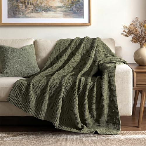 EVERGRACEHOME Modern Checkered Chenille Throw Blanket, Soft Cozy Plaid Knitted Chair Blanket for Sofa Couch, Decorative Knit Throw for Bed and Living Room, Olive Green, 50" x 60" - color: Checkered Olive Green, size: 50" X 60"