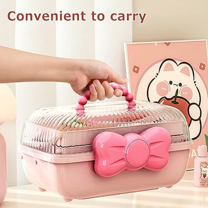 Cute Girls Hair Accessories Storage Box Bow Switch Organizer Box Jewelry Box, Plastic Hair Ties Holder Hair Clips Container Storage Box for Home, School, Office(Pink)