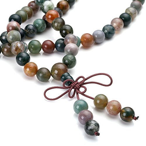 Jovivi 108 Mala Beads Bracelet 6mm 8mm Natural Indian Agate/Green Moss Agate Gemstone Healing Crystal Stone Beaded Bracelet Hand Knotted Prayer Mala Beads Necklace for Yoga Meditation Balance - color: 8mm - Indian Agate