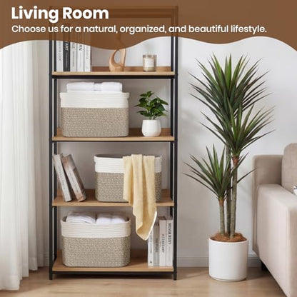 Storage Baskets for Organizing, 14 x 10 x 9” Closet Shelf Woven Baskets, Square Bins with Handles, Cotton Rope Basket for Clothes, Office, Room, White+Rice Brown 1 Pack
