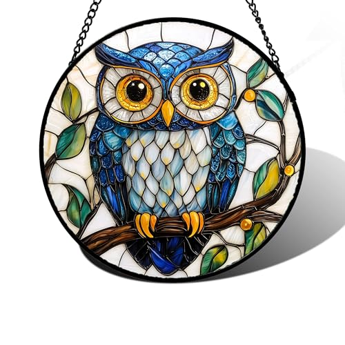 DASTOLL Stained Glass Window Hanging, Owl Gifts for Women Sun Catchers Diamond Glass Panel Hangings Birds Suncatcher Decor for Birthday for Women, Men, Wife, Aunt, and Mom 11.8x11.8 in - color: Blue, size: 11.8x11.8 IN