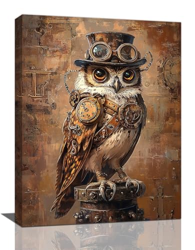 Olivine Steampunk Wall Art, Owl Pictures Wall Decor, Retro Steam Punk Bird Canvas Prints Painting, Framed Artwork for Living Room Bedroom Bathroom Office Home Decor 16"x12" - color: Steampunk Owl, size: 16"L x 12"W
