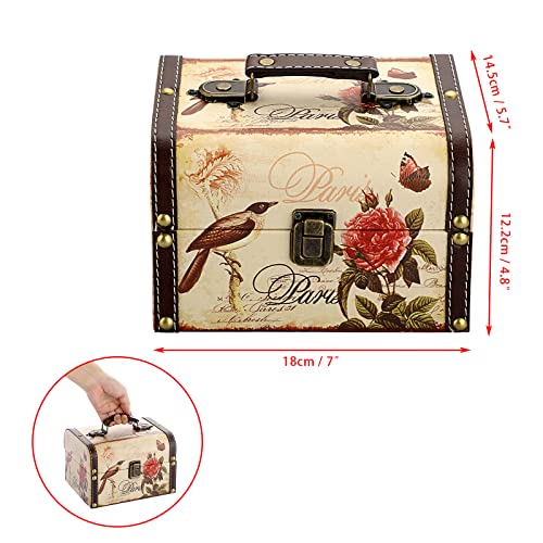 Decorative Treasure Chest Box, Wooden + PU Leather Storage Box for Jewelry Trinkets, Keepsakes box for Girls Women Gifts (Bird + Flower Pattern)