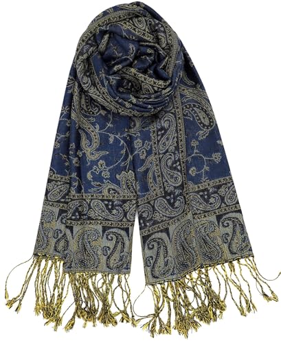Achillea Reversible Paisley Pashmina Rave Scarf – Exotic Indian Shawls and Wraps for Evening Dresses, Festivals, All Seasons - color: Light Navy