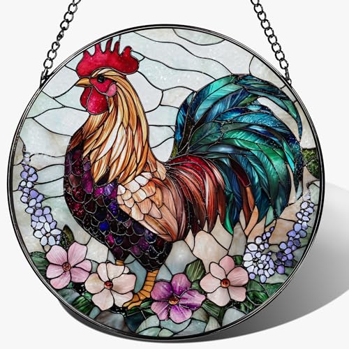 8″ Colorful Rooster Suncatcher, Stained Glass Window Hanging Ornament, Farmhouse Style Window Decor — Christmas Ornaments | Gifts for Christmas, Holiday Present, Gift Exchange, Gift Ideas - color: Rooster