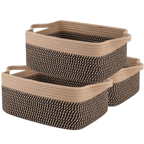 OIAHOMY 3 Pack Storage Baskets for Organizing, Woven Cotton Rope Basket for Shelves, Closet Organizer Bins with Handles, Rectangle Toy Organization, 13.78''×9.84''×5.5'', Brown & Black - color: Brown & Black, size: 13.8''×9.8''×5.5''