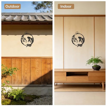 YATEASLU Yin Yang Koi Fish Metal Wall Art - Japanese Decor & Asian Wall Art with Zen Design, 11x13.2 Inch Black Iron Sculpture for Living Room, Bathroom & Yoga Room