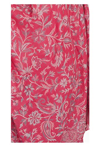 Exotic India Women Reversible Jamawar Wool Shawl with Woven Flowers | Ethnic Beautiful Floral Weave Stole, Dupatta - color: Magenta Haze