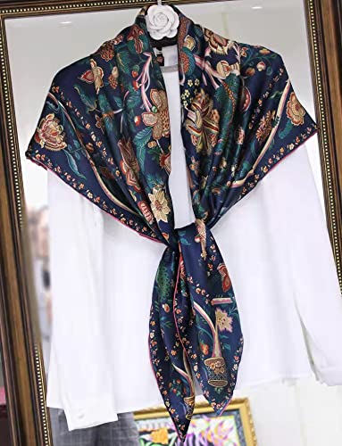 ANDANTINO 100% Silk Scarf 43" Large Square Lightweight Headscarf& Shawl–Women Hair Wraps-With Gift Packed - color: Flowers-navy