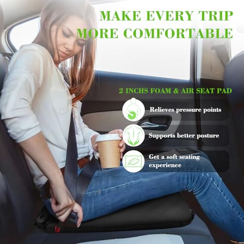 Inflatable Seat Cushion, Self-Inflating Memory Foam Stadium Seats Cushion Portable Camping Air-Foam Sitting Pad for Travel Airplane Car Bleachers Backpacking Office, Lightweight & Compact - color: Black