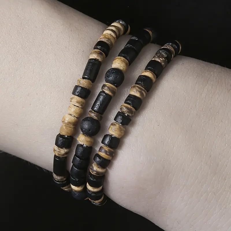 Puka Shell Bracelet for Men Wooden Bracelets Turquoise Stack Beaded Minimalist Trendy Jewelry for Friend Gift - style: 3pcs-Brown Black