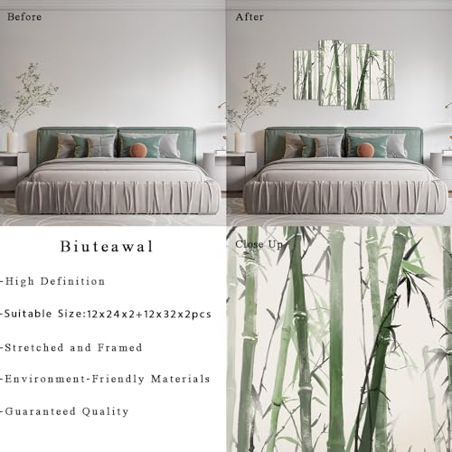 Biuteawal 4 Panels Bamboo Canvas Wall Art Chinese Painting of Bamboo Forest Nature Picture Print Green Zen Artwork for Meditation Spa Yoga Room Bedroom Decor Ready to Hang