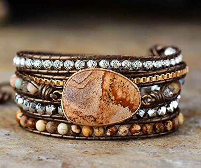 Boho Wrap Bracelet for Women, Handmade Natural Imperial Jasper Multi-Layer Stone Beaded Bracelet, Bohemian Healing Crystal Stone Jewelry Gifts - color: Brown Agate