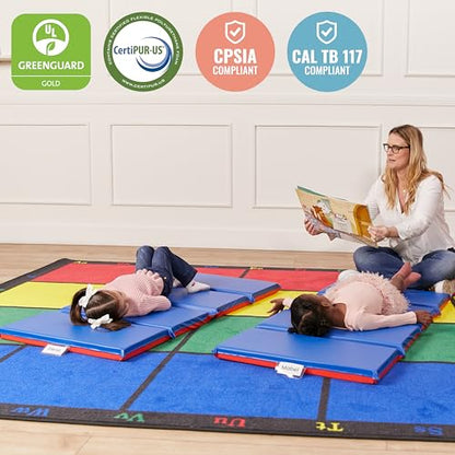 ECR4Kids Premium Folding Rest Mat, 4-Section, 2in, Sleeping Pad, Blue/Red