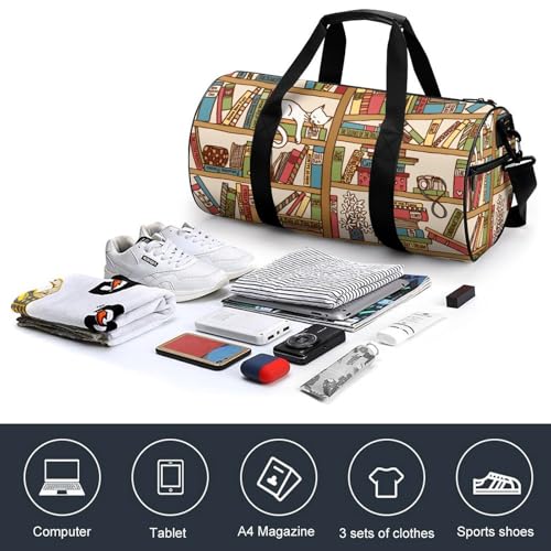 Sleeping Cat Library Bookshelf Cylindrical Portable Fitness Bag, Large Capacity Handbag - color: sleeping cat library bookshelf