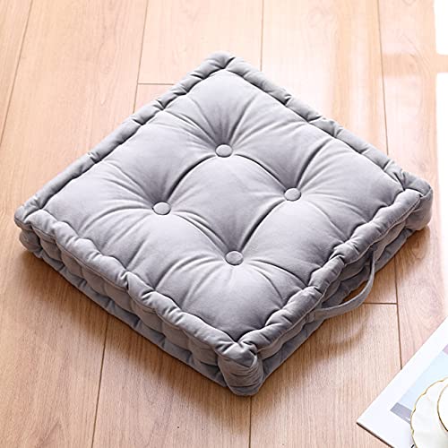 Tufted Velvet Floor Cushion, Square Thick Seating Cushion with Carrying Handle, Patio Meditation Pillow Tatami Chair Pads, 18"x18"x3.9", Grey - color: S-grey