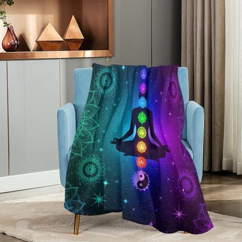 Fleece Blanket Plush Throw Fuzzy Throws Nine Chakra Yoga Meditation Lotus Blue Mandala, Lightweight Soft Microfiber Flannel Blankets for Couch Bed Sofa, 60"x80"
