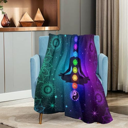Fleece Blanket Plush Throw Fuzzy Throws Nine Chakra Yoga Meditation Lotus Blue Mandala, Lightweight Soft Microfiber Flannel Blankets for Couch Bed Sofa, 60"x80"