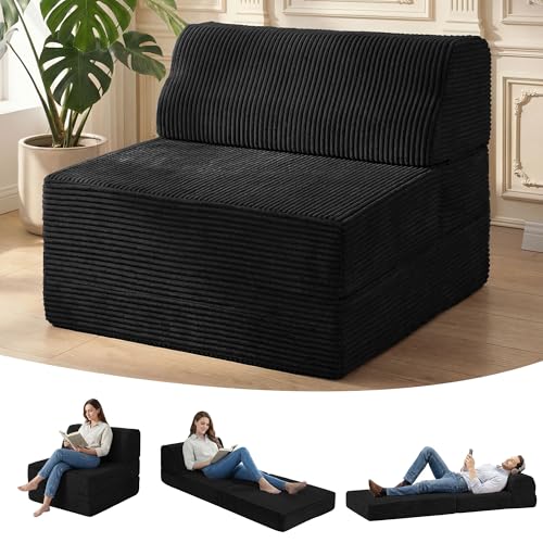 Kasunpul Folding Sofa Bed with Pillow, Memory Foam Fold Out Chair Bed, Convertible Sleeper Chair with Washable Cover, Futon Floor Couch for Living Room/Dorm/Guest Use/Home Office/Apartment, Black - color: Black
