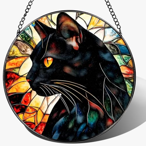 8″ Stained Glass Window Hanging Ornament, Black Cat Stained Glass Suncatcher Ornament, Sun-Catcher Window Decor | Gifts for Cat Lovers, Pet Lover Gift - color: Black Cat B