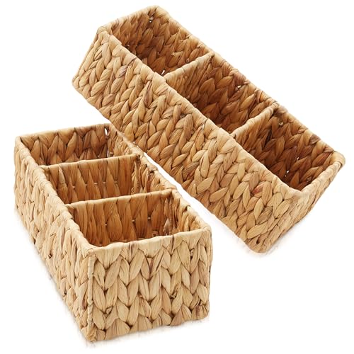 Casafield Set of 2 Water Hyacinth Basket Organizers with 3 Sections, Natural - Woven Storage Bins for Bathroom, Laundry, Pantry, Office, Shelves - color: Natural - Hyacinth, size: 3 Section