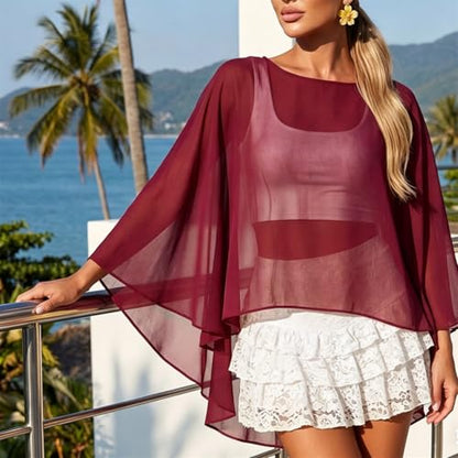 Women Chiffon Cape Shawls and Warps for Evening Dress Wedding Sheer Mesh Flowy Capelets Top - color: A-burgundy, size: X-Large
