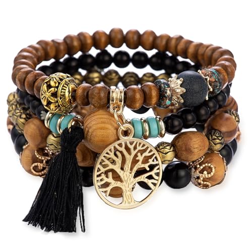Stackable Stretch Bracelets for Women Tree of Life Bead Bracelet Boho Jewelry - color: 1-Tree-Black