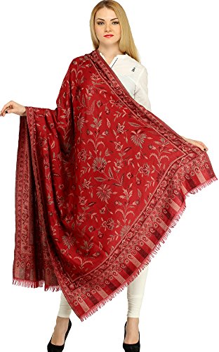 Exotic India Women Reversible Jamawar Wool Shawl with Woven Flowers | Ethnic Beautiful Floral Weave Stole, Dupatta - color: Garnet Rose