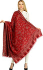 Exotic India Women Reversible Jamawar Wool Shawl with Woven Flowers | Ethnic Beautiful Floral Weave Stole, Dupatta - color: Garnet Rose